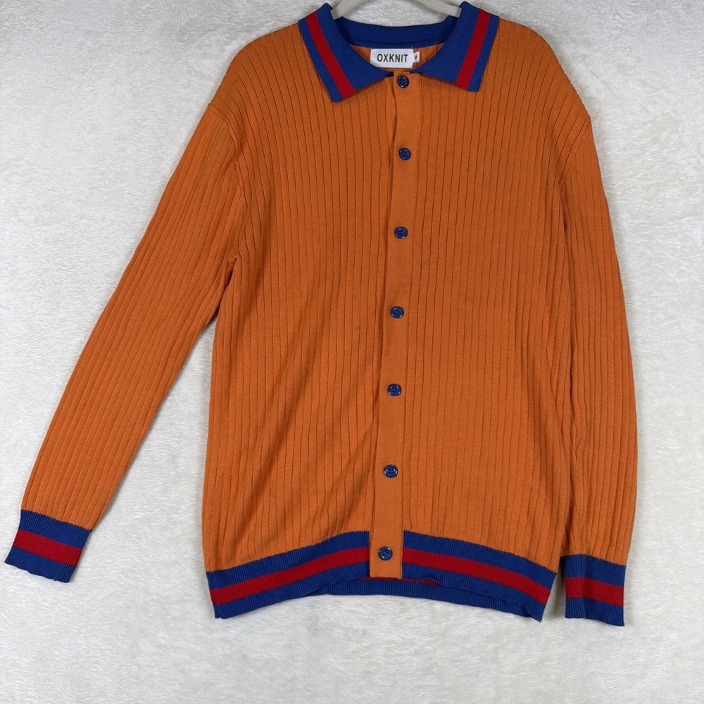 OXKNIT Rib Knit Cardigan Sweater Men's M Orange Button Front Retro